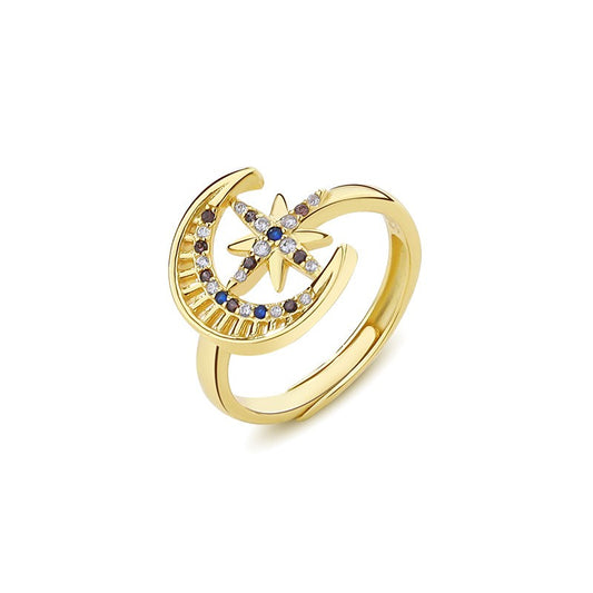 925 Sterling Silver Moon and Star Fashion Ring