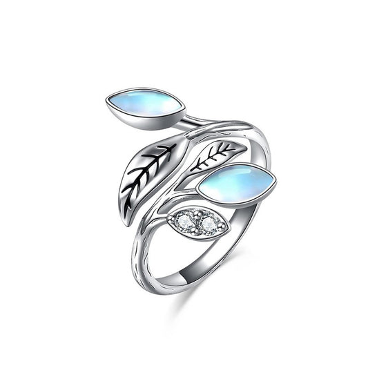 925 Sterling Silver Moonstone Leaf Open Fashion Ring