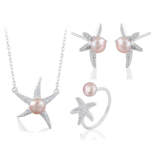 925 Sterling Silver Fashion Starfish Pearl Jewelry Set Gift for Women Girls