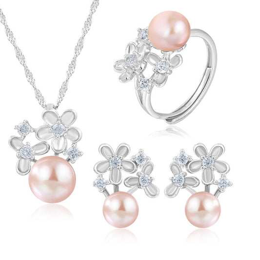 925 Sterling Silver Fashion Pearl Jewelry Set Gift for Women Girls