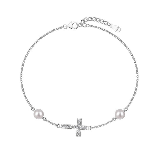 Pulsera de moda con cruz y perla en plata de ley 925