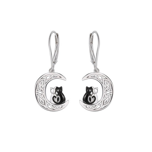 925 Sterling Silver Cats in Moon Huggie Earrings