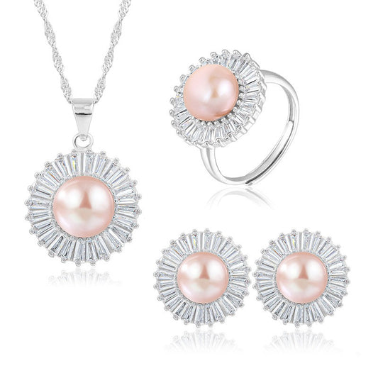 925 Sterling Silver Fashion Pearl Jewelry Set Gift for Women Girls