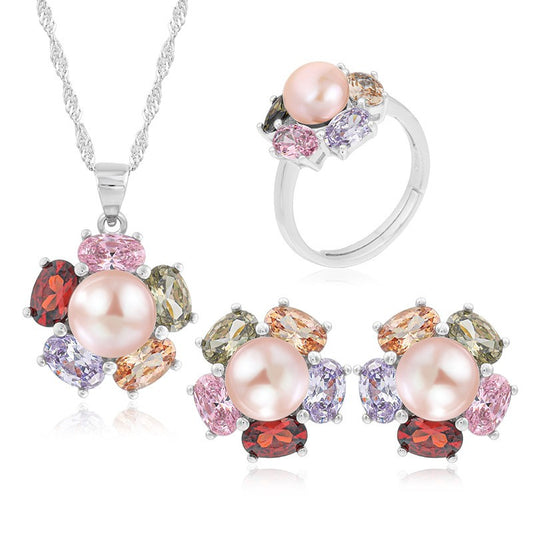 925 Sterling Silver Fashion Pearl Jewelry Set Gift for Women Girls