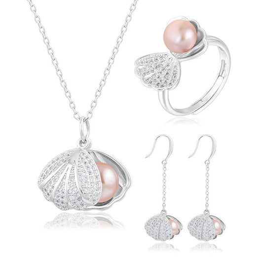 925 Sterling Silver Fashion Pearl Jewelry Set Gift for Women Girls