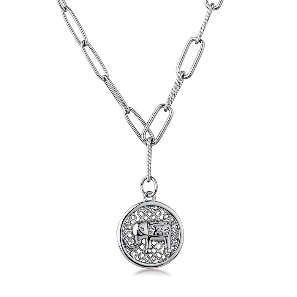 925 Sterling Silver Round Elephant Charm Fashion Pendant Necklace