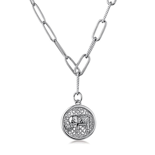 925 Sterling Silver Round Elephant Charm Fashion Pendant Necklace