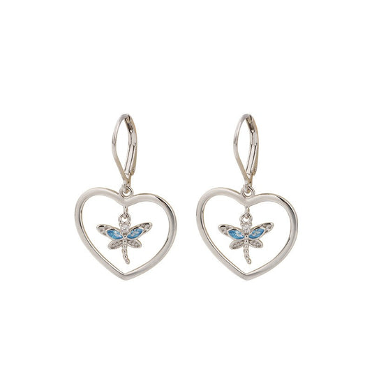 925 Sterling Silver Dragonfly in Heart Earrings
