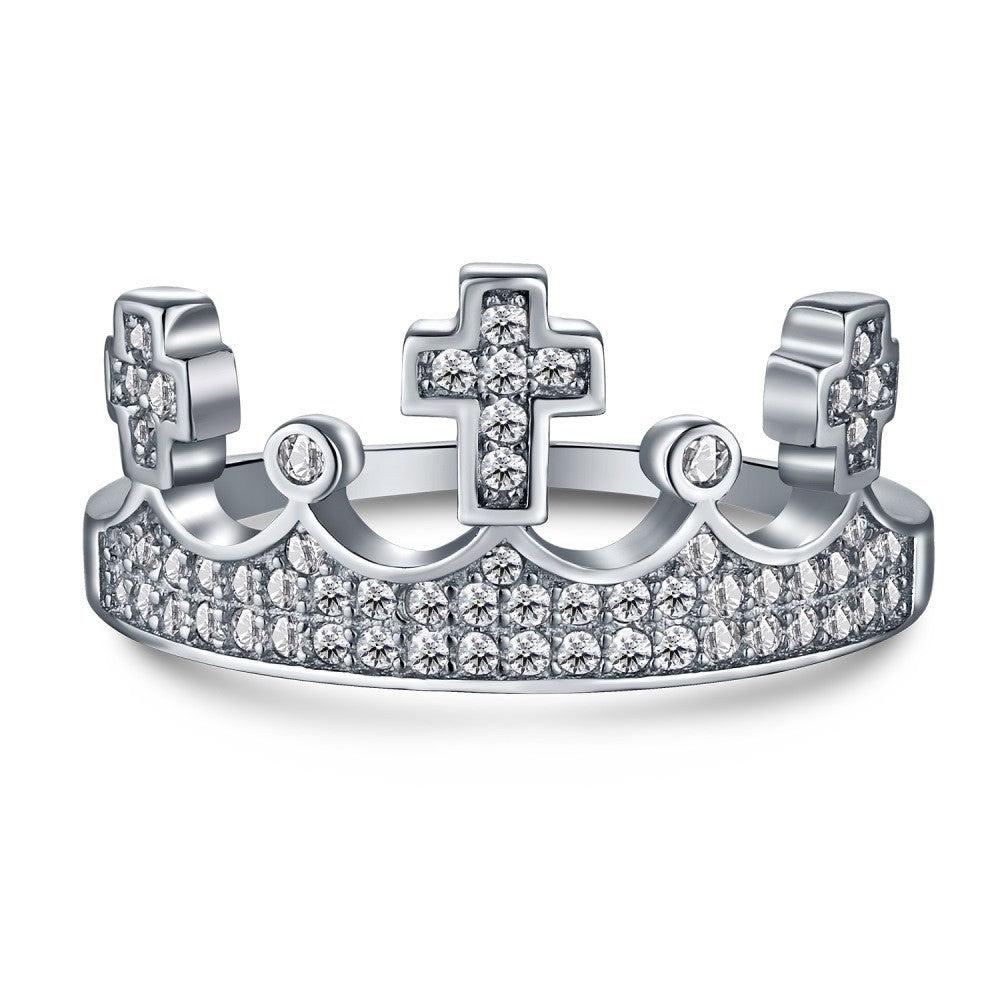 Anillo de moda con cruz y corona de plata de ley 925