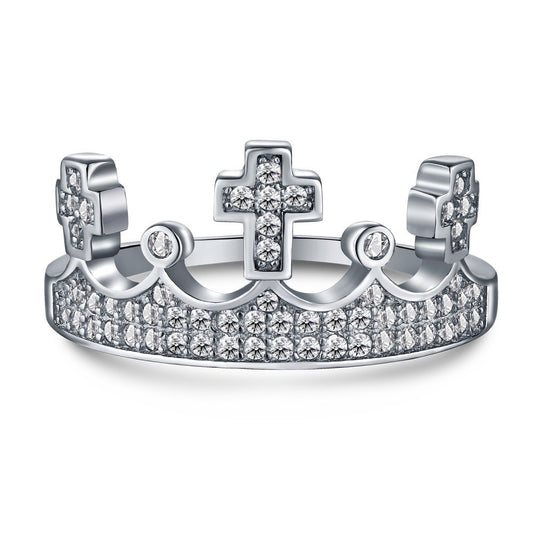 Anillo de moda con cruz y corona de plata de ley 925