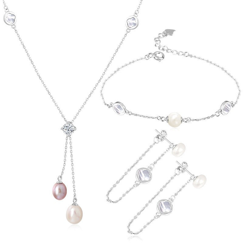 925 Sterling Silver Fashion Pearl Jewelry Set Gift for Women Girls