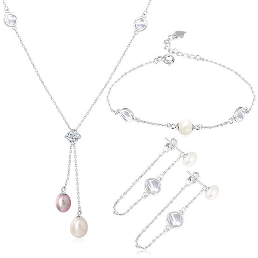 925 Sterling Silver Fashion Pearl Jewelry Set Gift for Women Girls