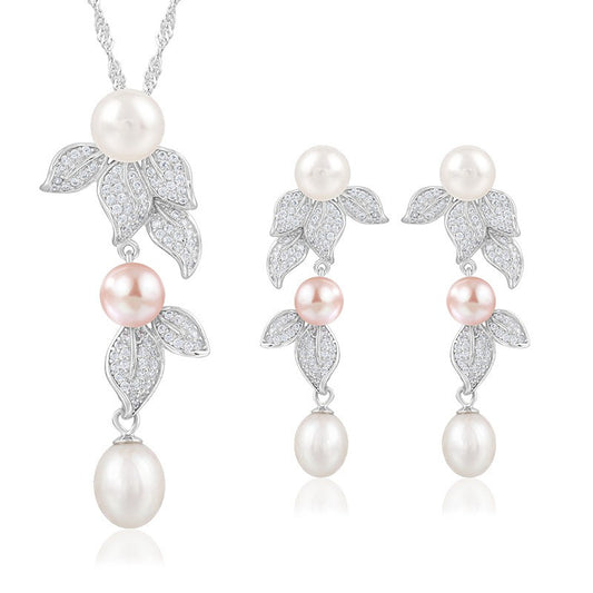 925 Sterling Silver Fashion Pearl Jewelry Set Gift for Women Girls