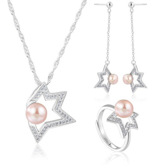 925 Sterling Silver Fashion Star Pearl Jewelry Set Gift for Women Girls