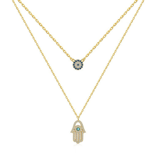 925 Sterling Silver Evil Eye Hamsa Double Layer Fashion Necklace