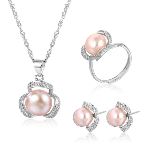 925 Sterling Silver Fashion Pearl Jewelry Set Gift for Women Girls