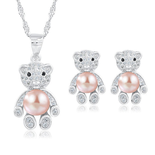 925 Sterling Silver Fashion Bear Pearl Jewelry Set Gift for Women Girls