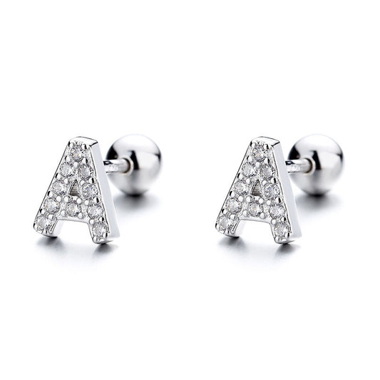 925 Sterling Silver Letter with Zircon A-Z Screw Back Stud Earrings