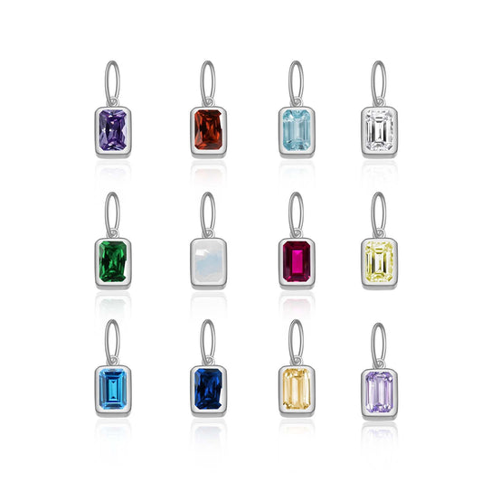 925 Sterling Silver Charm Birthstone Retangle Pendant For Necklace Jewelry DIY