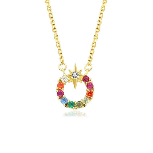 925 Sterling Silver Circle Colorful Zircon Infinity Star Pendant Necklace
