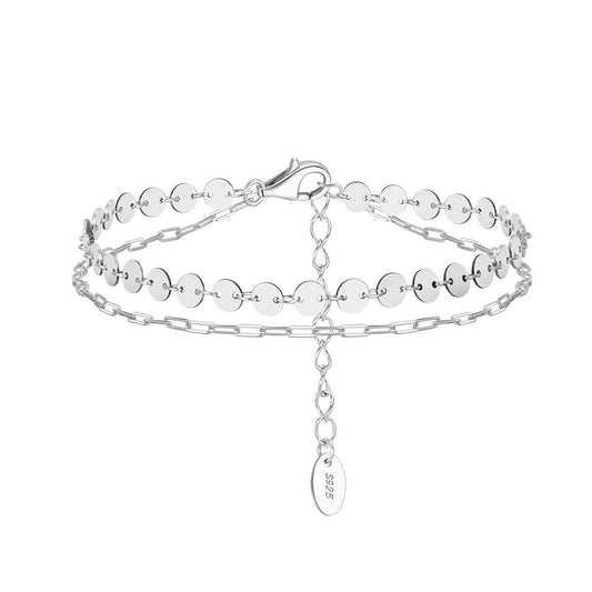 925 Sterling Silver Double Layers Flat Beads and Link Bracelet