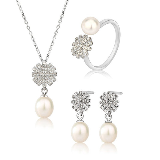 925 Sterling Silver Fashion Pearl Jewelry Set Gift for Women Girls