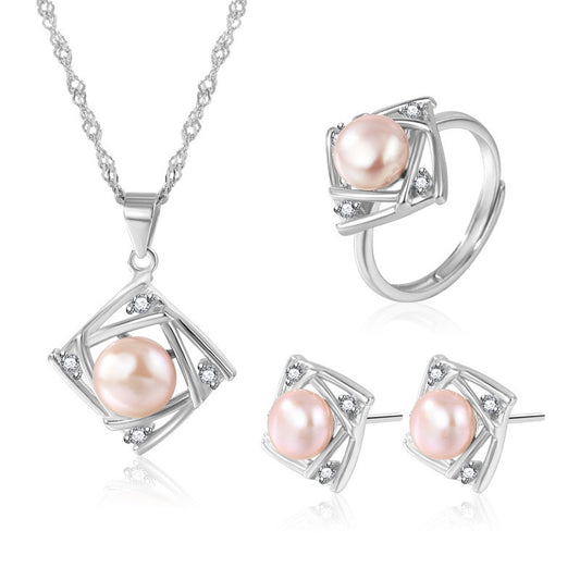 925 Sterling Silver Fashion Pearl Jewelry Set Gift for Women Girls