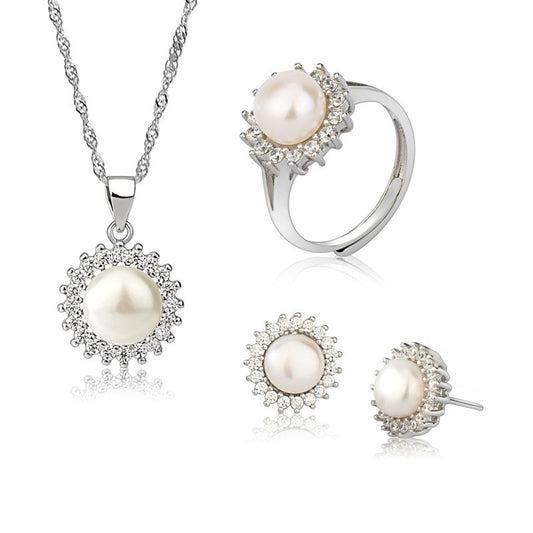 925 Sterling Silver Fashion Sun Pearl Jewelry Set Gift for Women Girls