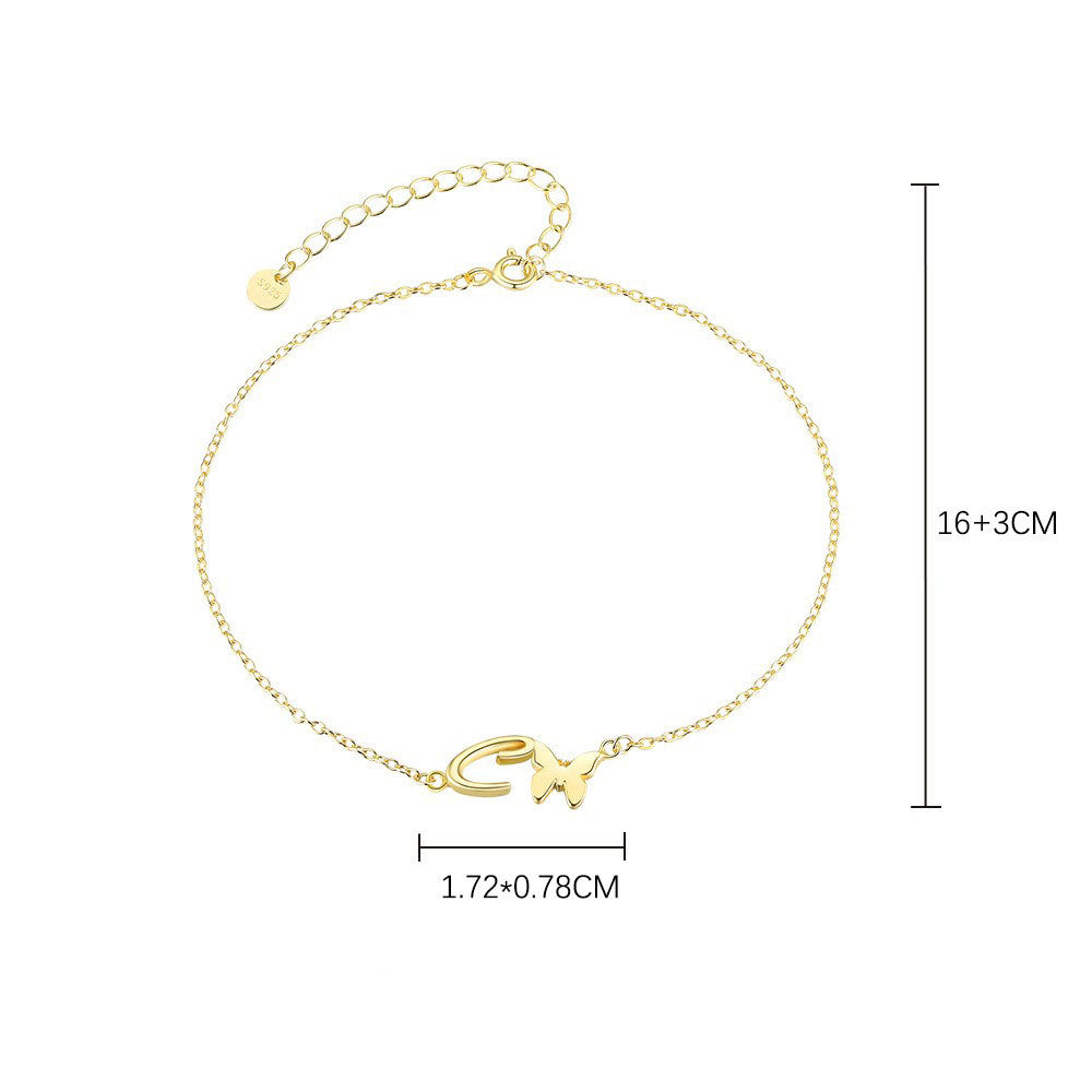 925 Sterling Silver A-Z Initial Butterfly Bracelet Fashion Jewelry Gift for Women Girls