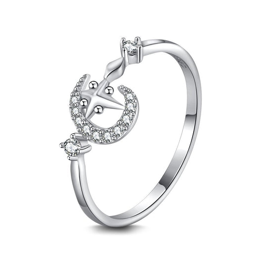 925 Sterling Silver Moon and Star Fashion Ring