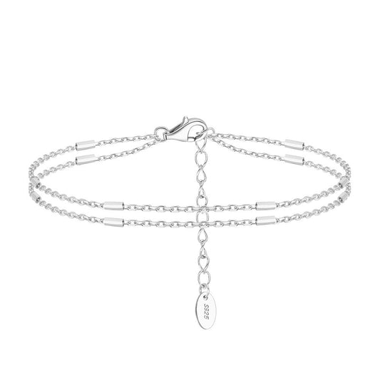 925 Sterling Silver Double Layers Flat Beads Cross Chain Bracelet