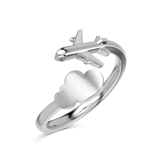 925 Sterling Silver Airplane and Cloud Soaring into the Sky Fashion Adjustable Ring