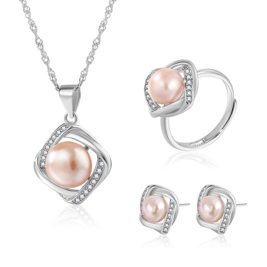 925 Sterling Silver Fashion Pearl Jewelry Set Gift for Women Girls