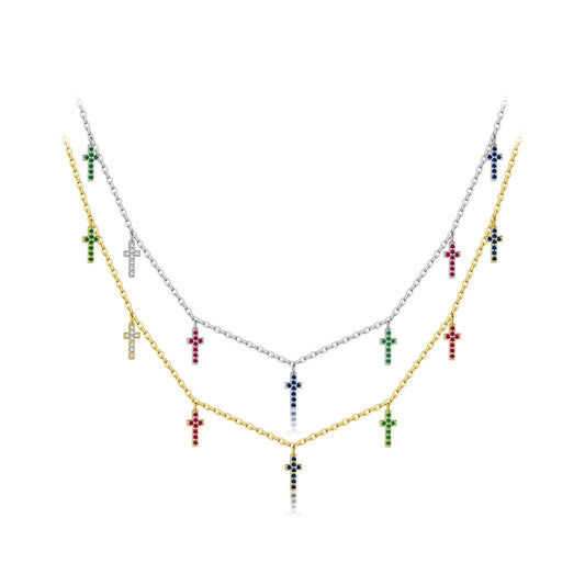 925 Sterling Silver Zircon Double Layers Cross Pendant Necklace