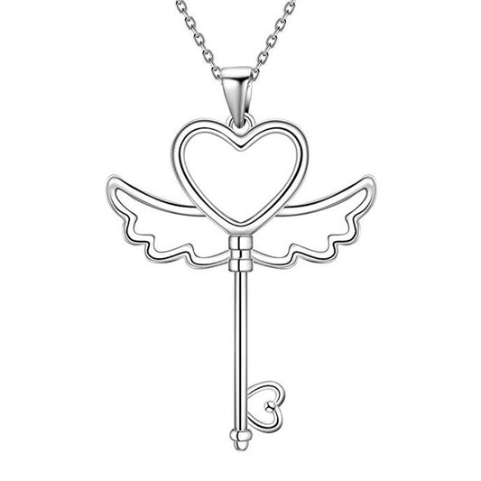 925 Sterling Silver Angel Wings Key Fashion Necklace
