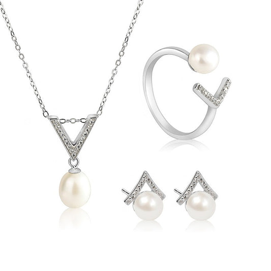 925 Sterling Silver Fashion Pearl Jewelry Set Gift for Women Girls