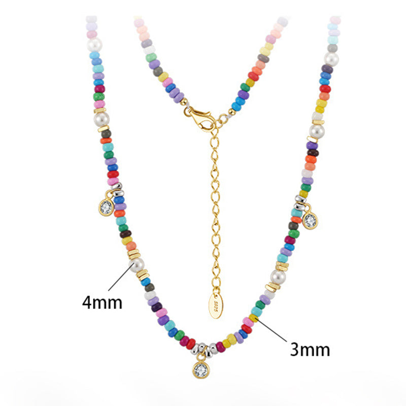 Gold Stainless Steel Rainbow Beaded Necklace, Mixed Color Seed Beads with Imitation Pearl & Oval CZ Charm Adjustable Chain