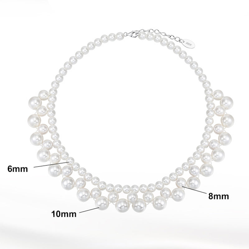 Stainless Steel Multi-Size White Pearl Cluster Choker, Layered Waterfall Pearl Collar Necklace