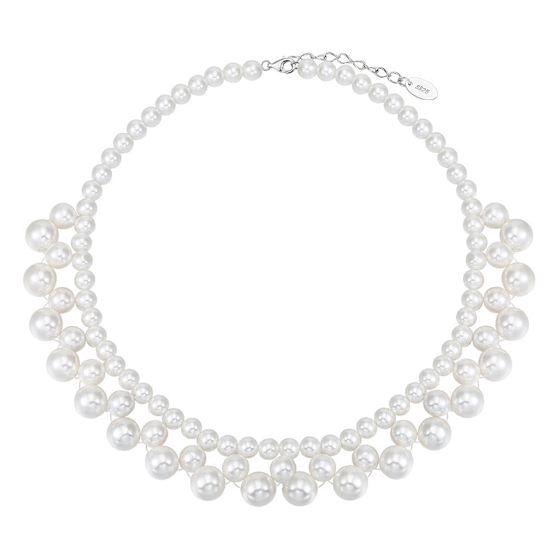 Stainless Steel Multi-Size White Pearl Cluster Choker, Layered Waterfall Pearl Collar Necklace