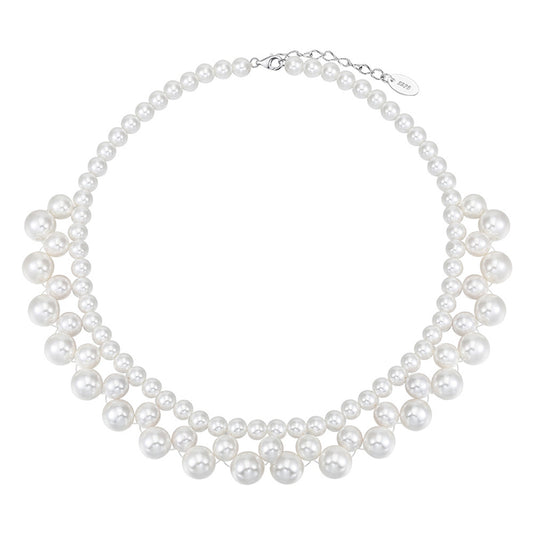 Stainless Steel Multi-Size White Pearl Cluster Choker, Layered Waterfall Pearl Collar Necklace