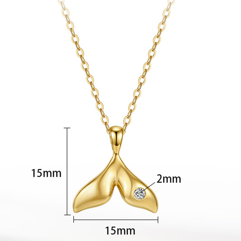 Gold Stainless Steel Mermaid Tail Pendant Necklace, Single Small CZ Inlaid Whale Tail Charm Necklace