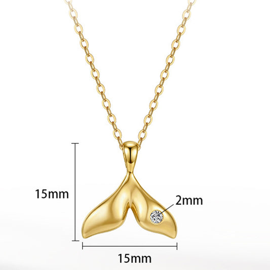 Gold Stainless Steel Mermaid Tail Pendant Necklace, Single Small CZ Inlaid Whale Tail Charm Necklace