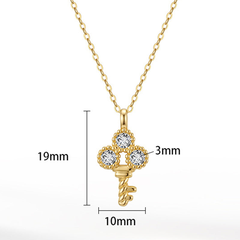 Gold Stainless Steel Twisted Key Pendant Necklace, Triple Round CZ Micro Pave Key Charm Cable Chain