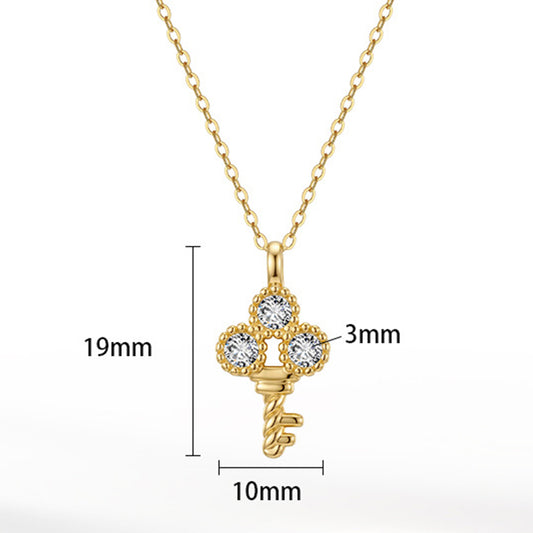 Gold Stainless Steel Twisted Key Pendant Necklace, Triple Round CZ Micro Pave Key Charm Cable Chain