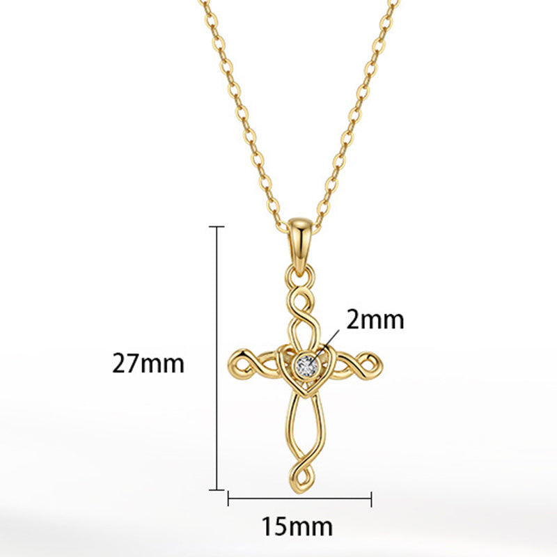 Silver Stainless Steel Hollow Twist Cross Necklace, Intertwined Heart Cross Pendant With Center CZ Stone** 银色不锈钢镂空扭纹十字架项链，缠绕爱心十字，中心镶嵌锆石吊坠