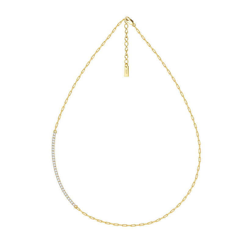 Gold Stainless Steel Paperclip Chain Choker Necklace, Partial Pave Clear CZ Inlaid Adjustable Paperclip Link Chain