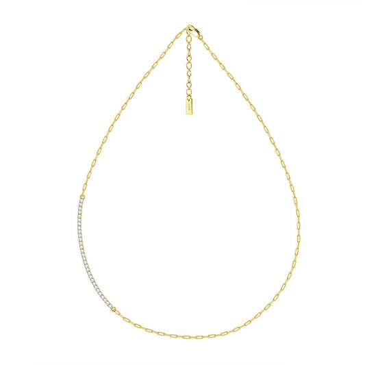 Gold Stainless Steel Paperclip Chain Choker Necklace, Partial Pave Clear CZ Inlaid Adjustable Paperclip Link Chain