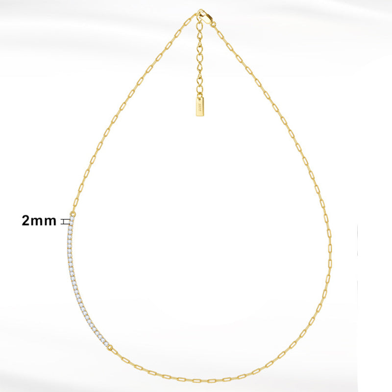 Gold Stainless Steel Paperclip Chain Choker Necklace, Partial Pave Clear CZ Inlaid Adjustable Paperclip Link Chain