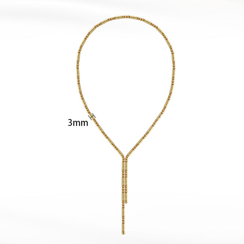 Gold Stainless Steel Beaded Y Lariat Necklace, Small Tube & Round Bead Adjustable Drop Chain