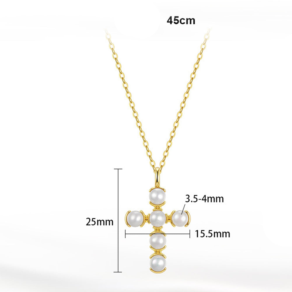 Cross Shape Freshwater Pearl Necklace, 6pcs Round Luminous Cultured Pearls Silver Cross Pendant